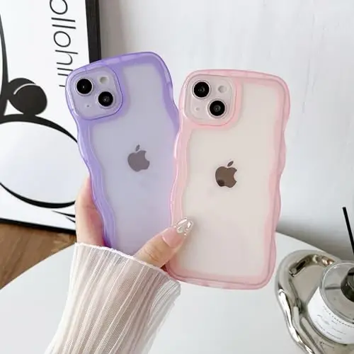 FABSPARK Phone Case for iPhone 15 Pro Case,Transparent Clear Solid Color Curly Wave Frame Soft Silicone Shockproof Protective TPU Cover for iPhone 15 Pro,Purple - 5