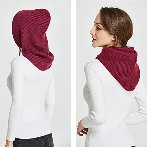 Facecozy Winter Hats for Women, Wool Blend Hooded Scarf Hat for Women Balaclava Knit Skull Cap Beanie Hat Men Neck Gaiters - 3