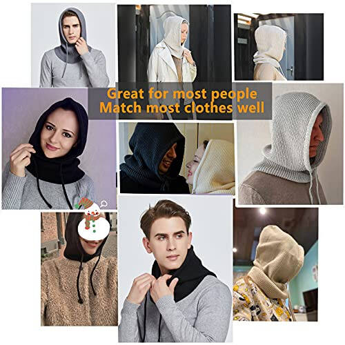 Facecozy Winter Hats for Women, Wool Blend Hooded Scarf Hat for Women Balaclava Knit Skull Cap Beanie Hat Men Neck Gaiters - 5