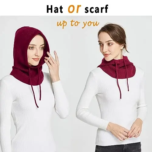 Facecozy Winter Hats for Women, Wool Blend Hooded Scarf Hat for Women Balaclava Knit Skull Cap Beanie Hat Men Neck Gaiters - 2