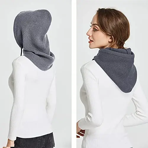 Facecozy Winter Hats for Women, Wool Blend Hooded Scarf Hat for Women Balaclava Knit Skull Cap Beanie Hat Men Neck Gaiters - 3