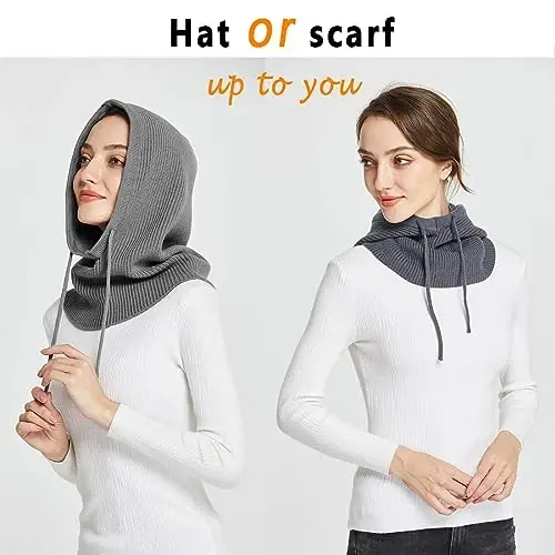 Facecozy Winter Hats for Women, Wool Blend Hooded Scarf Hat for Women Balaclava Knit Skull Cap Beanie Hat Men Neck Gaiters - 4