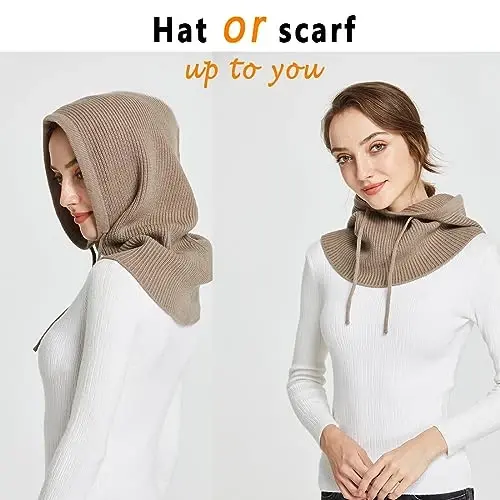 Facecozy Winter Hats for Women, Wool Blend Hooded Scarf Hat for Women Balaclava Knit Skull Cap Beanie Hat Men Neck Gaiters - FACECOZY (1)