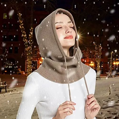 Facecozy Winter Hats for Women, Wool Blend Hooded Scarf Hat for Women Balaclava Knit Skull Cap Beanie Hat Men Neck Gaiters - 4