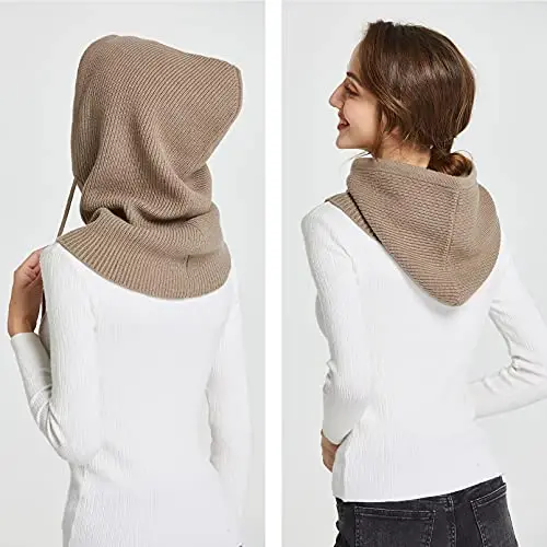 Facecozy Winter Hats for Women, Wool Blend Hooded Scarf Hat for Women Balaclava Knit Skull Cap Beanie Hat Men Neck Gaiters - 5