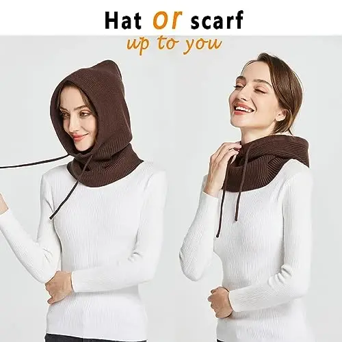 Facecozy Winter Hats for Women, Wool Blend Hooded Scarf Hat for Women Balaclava Knit Skull Cap Beanie Hat Men Neck Gaiters - 4