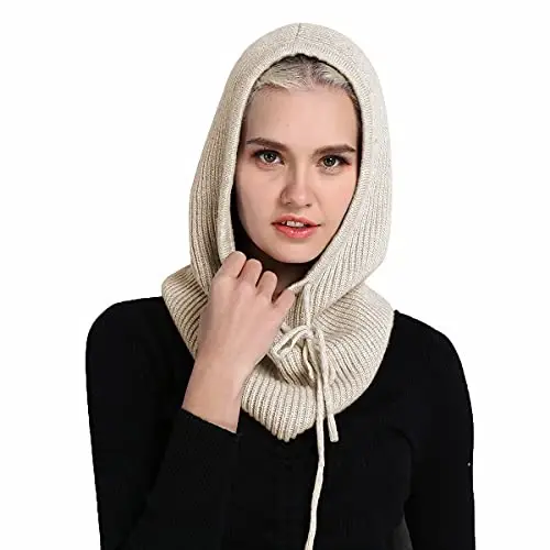 Facecozy Winter Hats for Women, Wool Blend Hooded Scarf Hat for Women Balaclava Knit Skull Cap Beanie Hat Men Neck Gaiters 