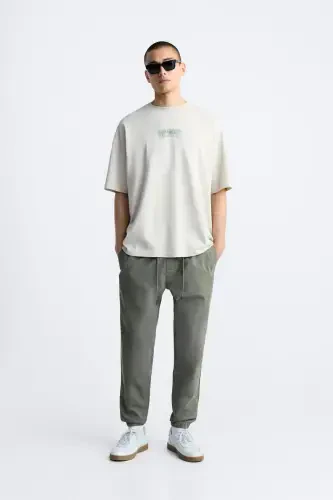 FADED EFFECT JOGGER WAIST TROUSERS-Khaki - 1