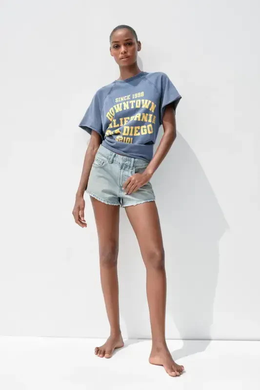 FADED EFFECT TEXT COTTON SWEATSHIRT-Blue - ZARA