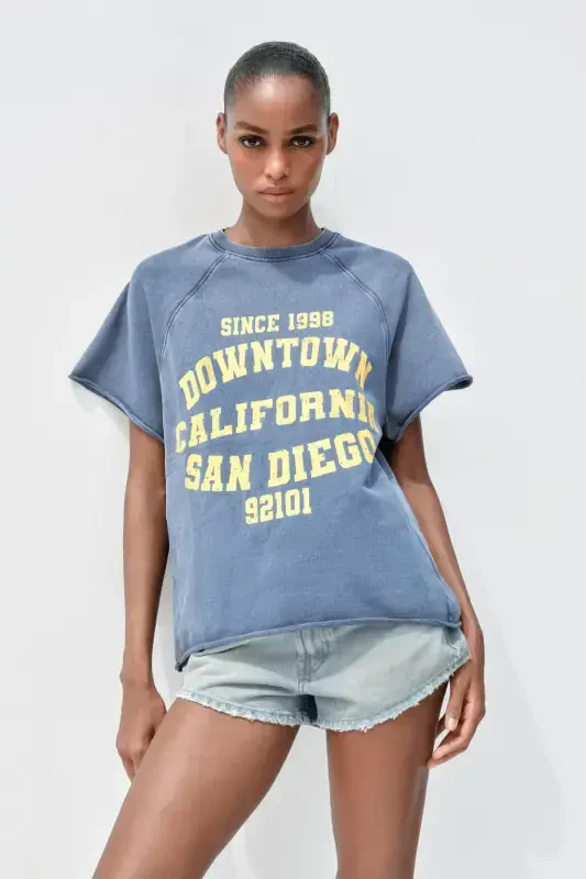 FADED EFFECT TEXT COTTON SWEATSHIRT-Blue - 2