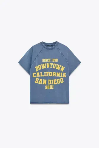 FADED EFFECT TEXT COTTON SWEATSHIRT-Blue - 5