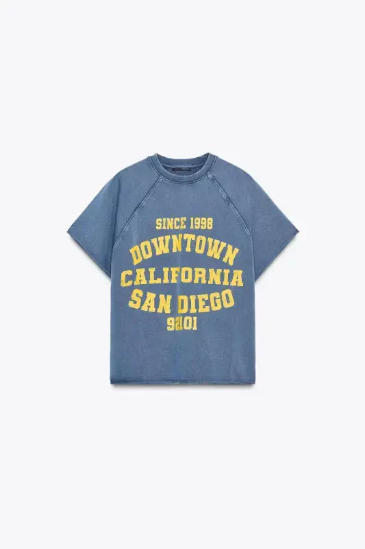 FADED EFFECT TEXT COTTON SWEATSHIRT-Blue - 5