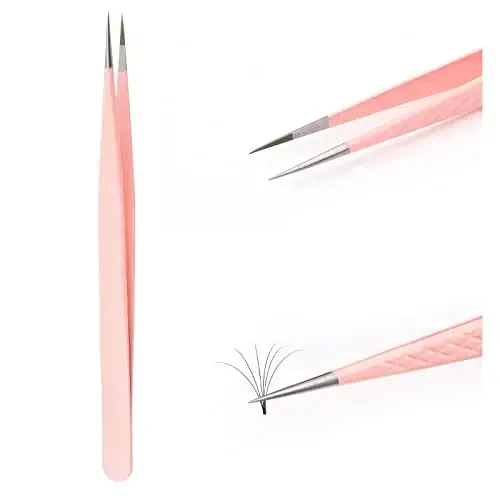 FADLASH Precision Lash Tweezers - Straight Fiber Tip Eyelash Extension Tweezers - Professional Artist Tech Work Kit - Pink 