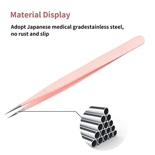 FADLASH Precision Lash Tweezers - Straight Fiber Tip Eyelash Extension Tweezers - Professional Artist Tech Work Kit - Pink - 4