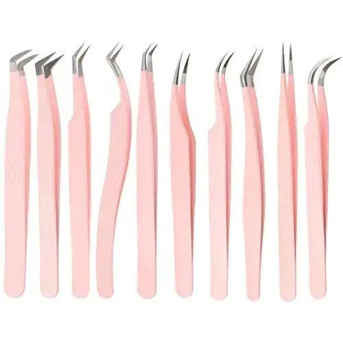 FADLASH Precision Lash Tweezers - Straight Fiber Tip Eyelash Extension Tweezers - Professional Artist Tech Work Kit - Pink - 7