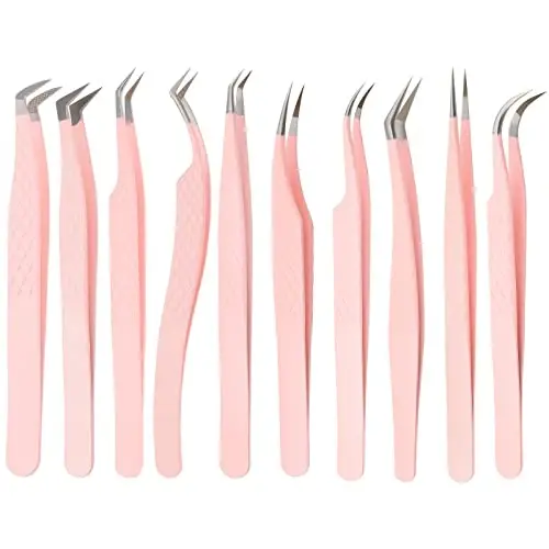 FADLASH Precision Lash Tweezers - To'g'ri tolali uchli kiprik uzatma pensetlari - Professional Artist Tech Work to'plami - Pushti - 7
