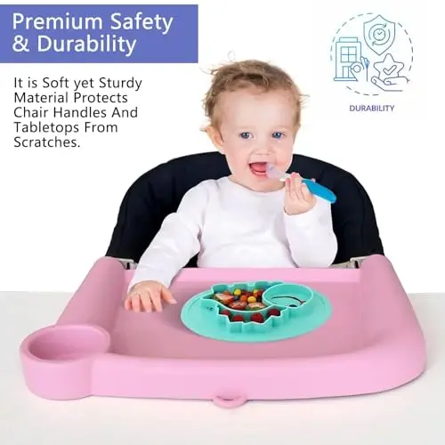 FAILUN Silicone Baby Dining Tray Compatible with Inglesina Fast Table Chair & Other Hook-On High Chairs,Portable Clip-On Fast Table Chair Baby Tray, Dishwasher Safe & BPA Free (Pink) - 3