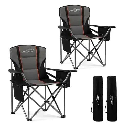 FAIR WIND 2 Pack Oversized Fully Padded Camping Chair with Lumbar Support, Heavy Duty Cooler Bag Fold Chair Support 450 LBS - FAIR WIND