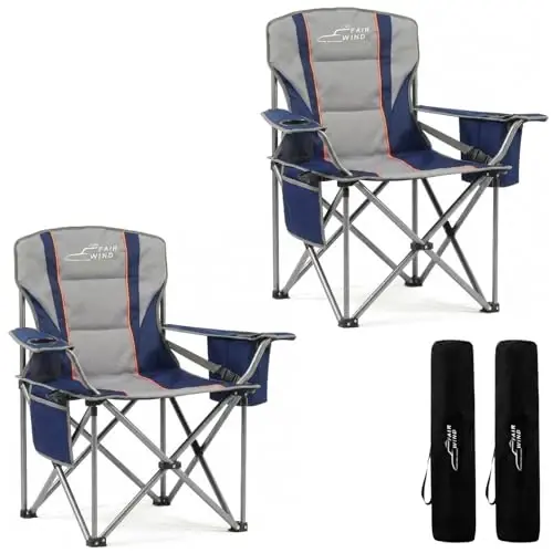 FAIR WIND 2 Pack Oversized Fully Padded Camping Chair with Lumbar Support, Heavy Duty Cooler Bag Fold Chair Support 450 LBS, Blue 