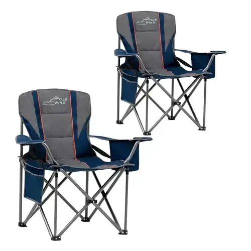 FAIR WIND 2 Pack Oversized Fully Padded Camping Chair with Lumbar Support, Heavy Duty Cooler Bag Fold Chair Support 450 LBS, Blue 