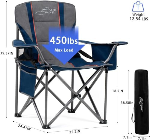 FAIR WIND 2 Pack Oversized Fully Padded Camping Chair with Lumbar Support, Heavy Duty Cooler Bag Fold Chair Support 450 LBS, Blue - 2