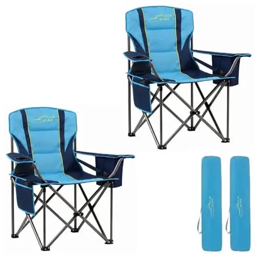 FAIR WIND 2 Pack Oversized Fully Padded Camping Chair with Lumbar Support, Heavy Duty Cooler Bag Fold Chair Support 450 LBS, Blue Green 
