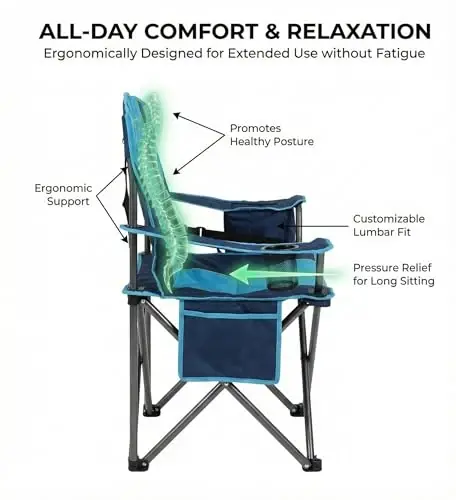 FAIR WIND 2 Pack Oversized Fully Padded Camping Chair with Lumbar Support, Heavy Duty Cooler Bag Fold Chair Support 450 LBS, Blue Green - 4