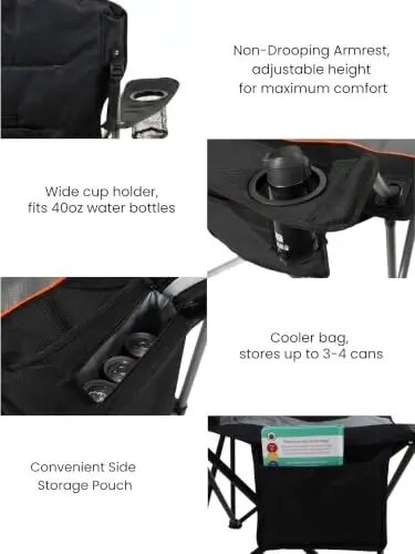FAIR WIND 2-Pack Padded Oversized Camping Chair Heavy Duty for Adults | Adjustable Lumbar Support, Non-Drooping Armrest, Cooler Bag＆Cup Holder, Tear-Proof Wide Bag, Up to 500 LBS for Camp, Outdoor - 6
