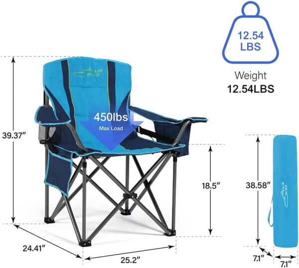 FAIR WIND 2'li Aşırı Boyutlu Tam Yastıklı Kamp Sandalyesi Bel Desteği ile, Ağır Hizmet Tipi Soğutucu Çanta Katlanır Sandalye Desteği 450 LBS, Mavi Yeşil - 3