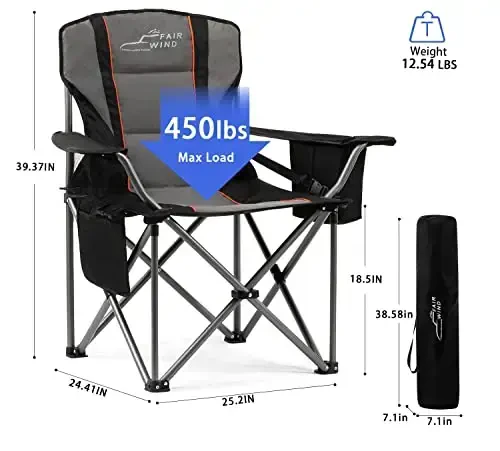 FAIR WIND 2 Pack Oversized Fully Padded Camping Chair with Lumbar Support, Heavy Duty Cooler Bag Fold Chair Support 450 LBS - 3