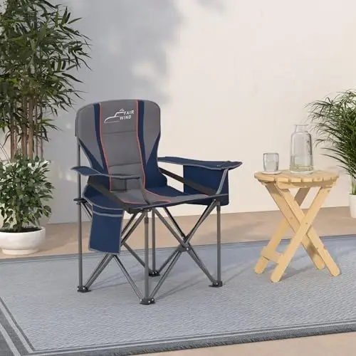 FAIR WIND Oversized Fully Padded Camping Chair with Lumbar Support, Heavy Duty Quad Fold Arm Chair with Cooler Bag - Support 450 LBS，Blue - 2
