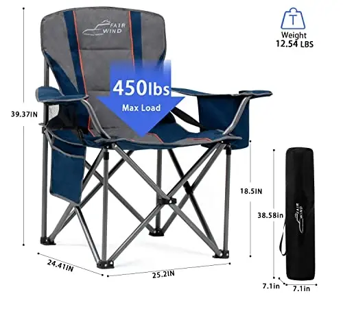 FAIR WIND Oversized Fully Padded Camping Chair with Lumbar Support, Heavy Duty Quad Fold Arm Chair with Cooler Bag - Support 450 LBS，Blue - 4