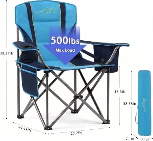 FAIR WIND Oversized Fully Padded Camping Chair with Lumbar Support, Heavy Duty Cooler Bag Fold Chair Support 450 LBS, Green - 3
