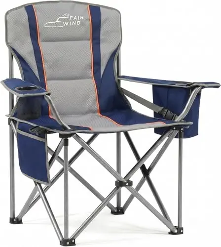 FAIR WIND Oversized Fully Padded Camping Chair with Lumbar Support, Heavy Duty Quad Fold Arm Chair with Cooler Bag - Support 450 LBS，Blue - 1