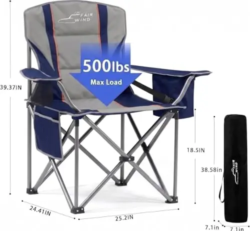 FAIR WIND Oversized Fully Padded Camping Chair with Lumbar Support, Heavy Duty Quad Fold Arm Chair with Cooler Bag - Support 450 LBS，Blue - 3