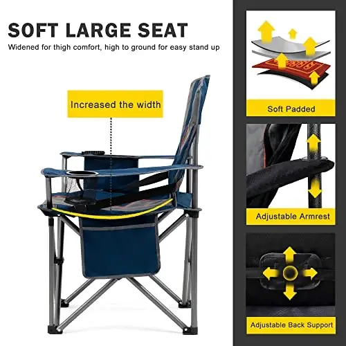 FAIR WIND Oversized Fully Padded Camping Chair with Lumbar Support, Heavy Duty Quad Fold Arm Chair with Cooler Bag - Support 450 LBS，Blue - 5