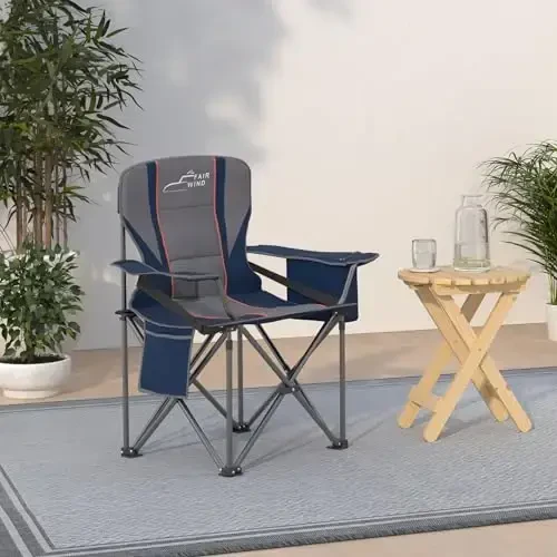 FAIR WIND Oversized Fully Padded Camping Chair with Lumbar Support, Heavy Duty Quad Fold Arm Chair with Cooler Bag - Support 450 LBS，Blue - 2