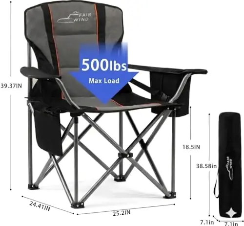 FAIR WIND Oversized Fully Padded Camping Chair with Lumbar Support, Heavy Duty Quad Fold Chair with Cooler Bag, Support 450 LBS, Black - 3