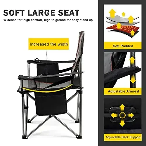 FAIR WIND Oversized Fully Padded Camping Chair with Lumbar Support, Heavy Duty Quad Fold Chair with Cooler Bag, Support 450 LBS, Black - 4