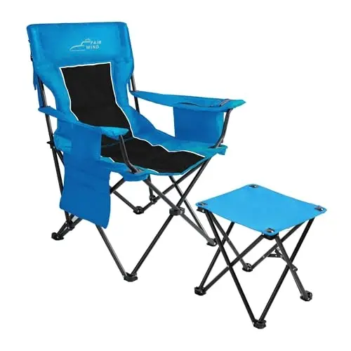FAIR WIND Oversized Padded Camping Chair with Footrest Stool Set Heavy Duty Support 300 LBS Cooler Bag Chair - Black - FAIR WIND