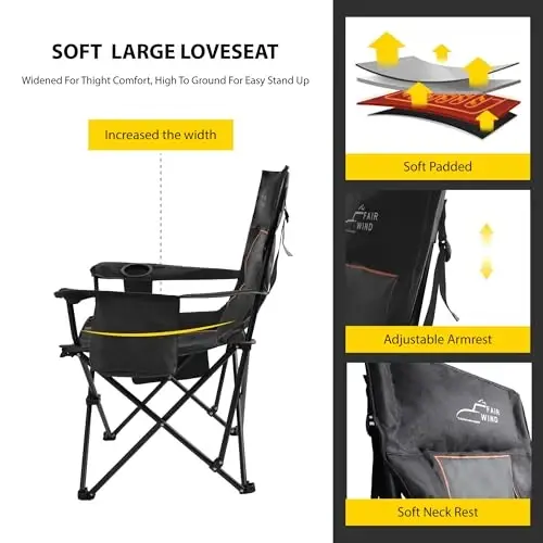 FAIR WIND Oversized Padded Camping Chair with Footrest Stool Set Heavy Duty Support 300 LBS Cooler Bag Chair - Black - 3