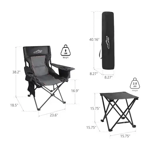FAIR WIND Oversized Padded Camping Chair with Footrest Stool Set Heavy Duty Support 300 LBS Cooler Bag Chair - Black - 2