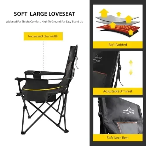 FAIR WIND Oversized Padded Camping Chair with Footrest Stool Set Heavy Duty Support 300 LBS Cooler Bag Chair - Black - 3