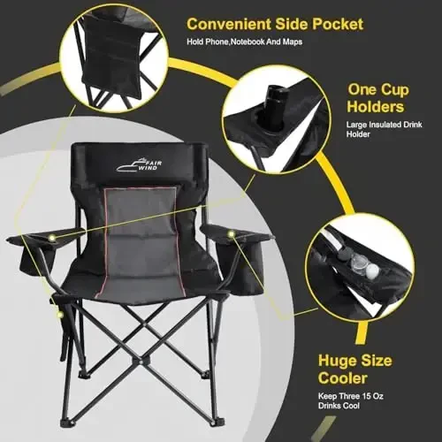 FAIR WIND Oversized Padded Camping Chair with Footrest Stool Set Heavy Duty Support 300 LBS Cooler Bag Chair - Black - 7