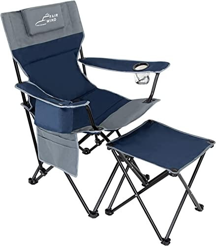 FAIR WIND Oversized Padded Camping Lounge Chair with Footrest Stool Set, Heavy Duty Support 300 LBS Cooler Bag Chair with Headrest, Blue Grey - 2