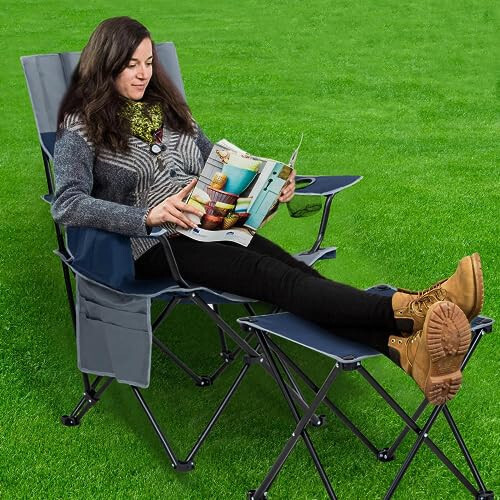 FAIR WIND Oversized Padded Camping Lounge Chair with Footrest Stool Set, Heavy Duty Support 300 LBS Cooler Bag Chair with Headrest, Blue Grey - 3