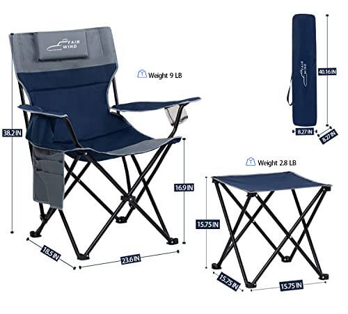 FAIR WIND Oversized Padded Camping Lounge Chair with Footrest Stool Set, Heavy Duty Support 300 LBS Cooler Bag Chair with Headrest, Blue Grey - 4