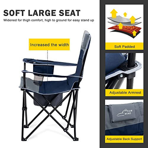 FAIR WIND Oversized Padded Camping Lounge Chair with Footrest Stool Set, Heavy Duty Support 300 LBS Cooler Bag Chair with Headrest, Blue Grey - 5