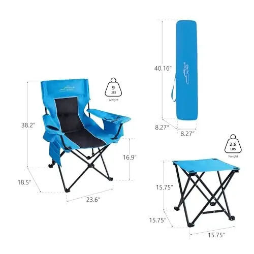 FAIR WIND Oyoqli tayanchli katta o'lchamli yumshoq camping stuli to'plami, og'ir yuk ko'taruvchi 300 LBS sovutgichli sumka stul - qora - 3