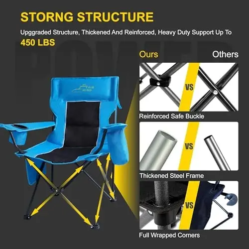 FAIR WIND Oyoqli tayanchli katta o'lchamli yumshoq camping stuli to'plami, og'ir yuk ko'taruvchi 300 LBS sovutgichli sumka stul - qora - 5